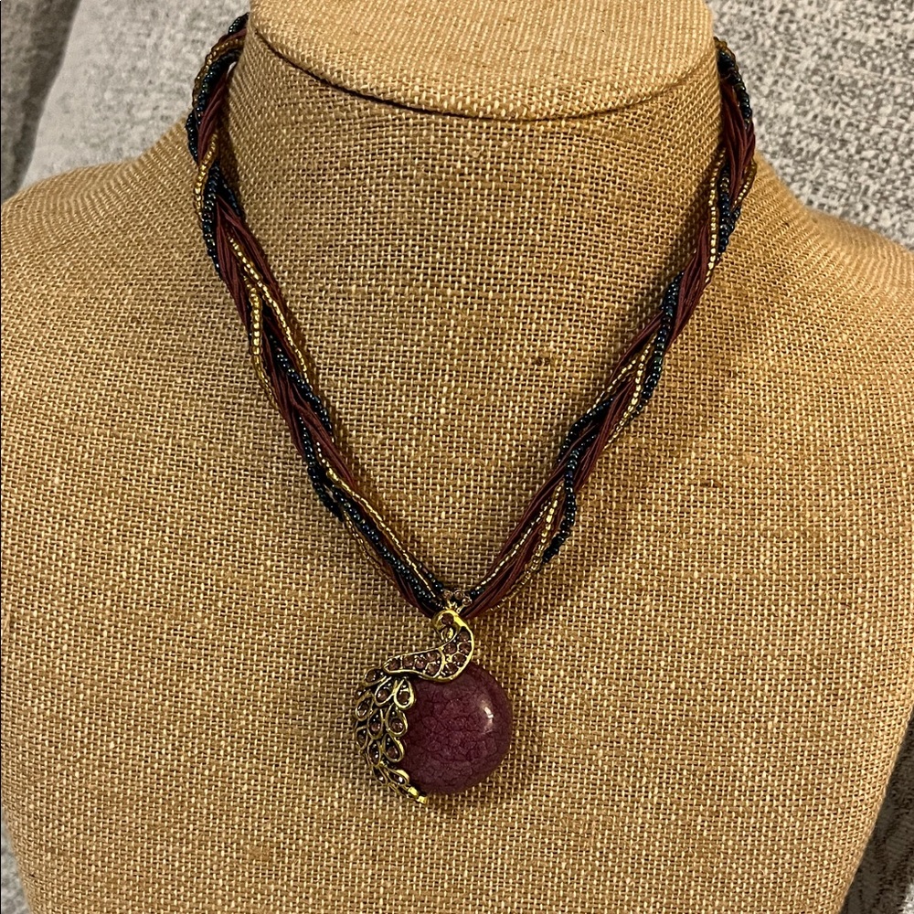 Bohemian Braided Cord Purple Stone Peacock Pendant Necklace‎